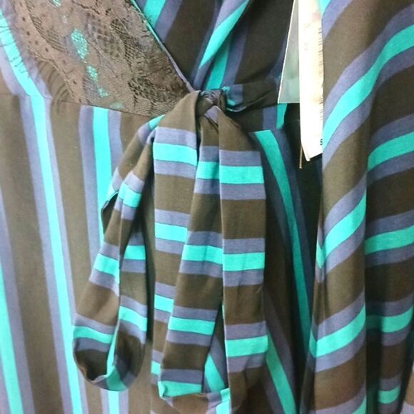 ISAAC MIZRANI Teal / black stripped long-sleeve V-neck Boho wrap midi dress L - Picture 7 of 14